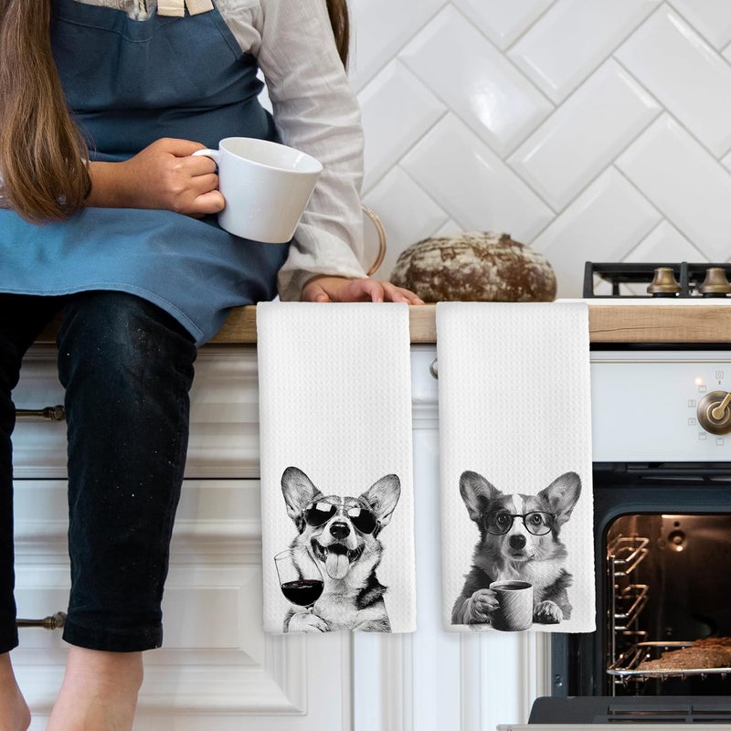 Mcehtle Funny Corgi Kitchen Towels Set of 2, Funny Dog Kitchen Accessories, Coffee Station Wine Bar Decor, Dog Chef Gift Hand Towel, Dining Room Decorative Tea Towel Dish Towels 16x24 Inch - Image 3